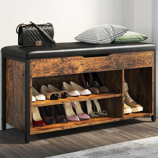 Astimey Lift Top Adjustable Shelf Storage Bench - Brown 39.5“W - storage box