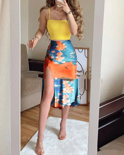 New Women's High Waist Polka Dot Slit Mid-Length Skirt