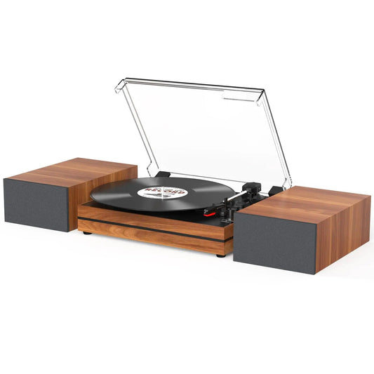 Vintage Record Player for Vinyl with External Speakers Belt-Drive Turntable with Dual Stereo Speakers 3 Speed Wireless AUX Headphone Input Auto Stop Kia Day Design