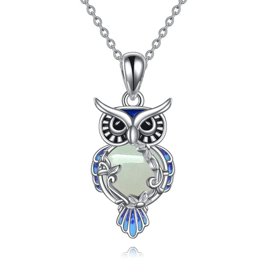 LUHE Owl Necklace Gifts Sterling Silver Jade Filigree Owl Pendant Necklace Christmas Gifts owls Jewelry for Women Kia Day Design