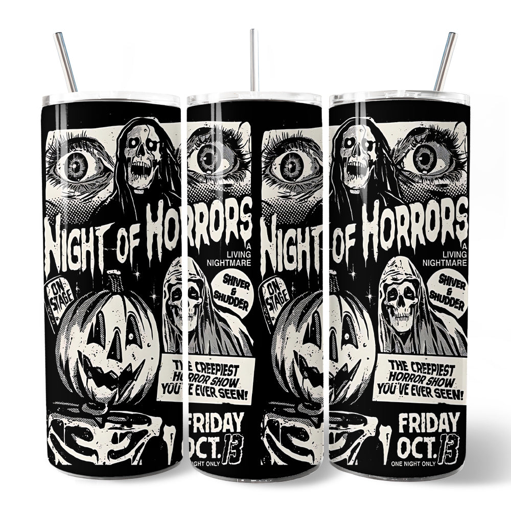 Night of Horrors Retro Halloween 20oz Personalized Tumbler With Lid and Stainless Steel Straw, Vintage Spooky Poster Gift Cup - - Tumbler