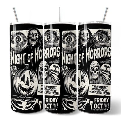 Night of Horrors Retro Halloween 20oz Personalized Tumbler With Lid and Stainless Steel Straw, Vintage Spooky Poster Gift Cup - - Tumbler