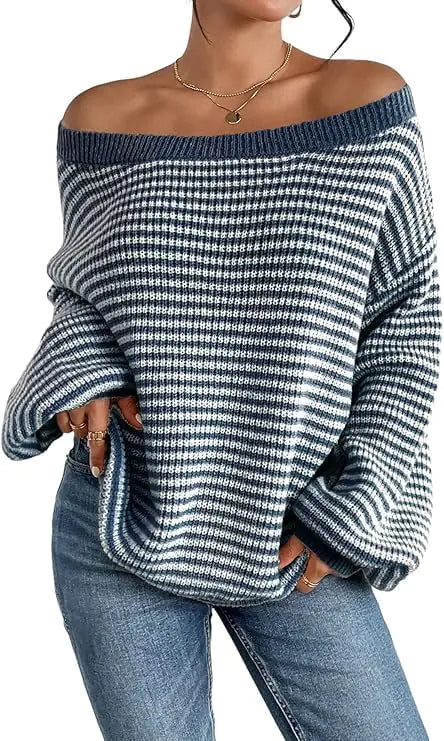 Blue Casual Oversized Striped Off The Shoulder Sweater - - Women's Fashion - Women's Clothing - Sweaters