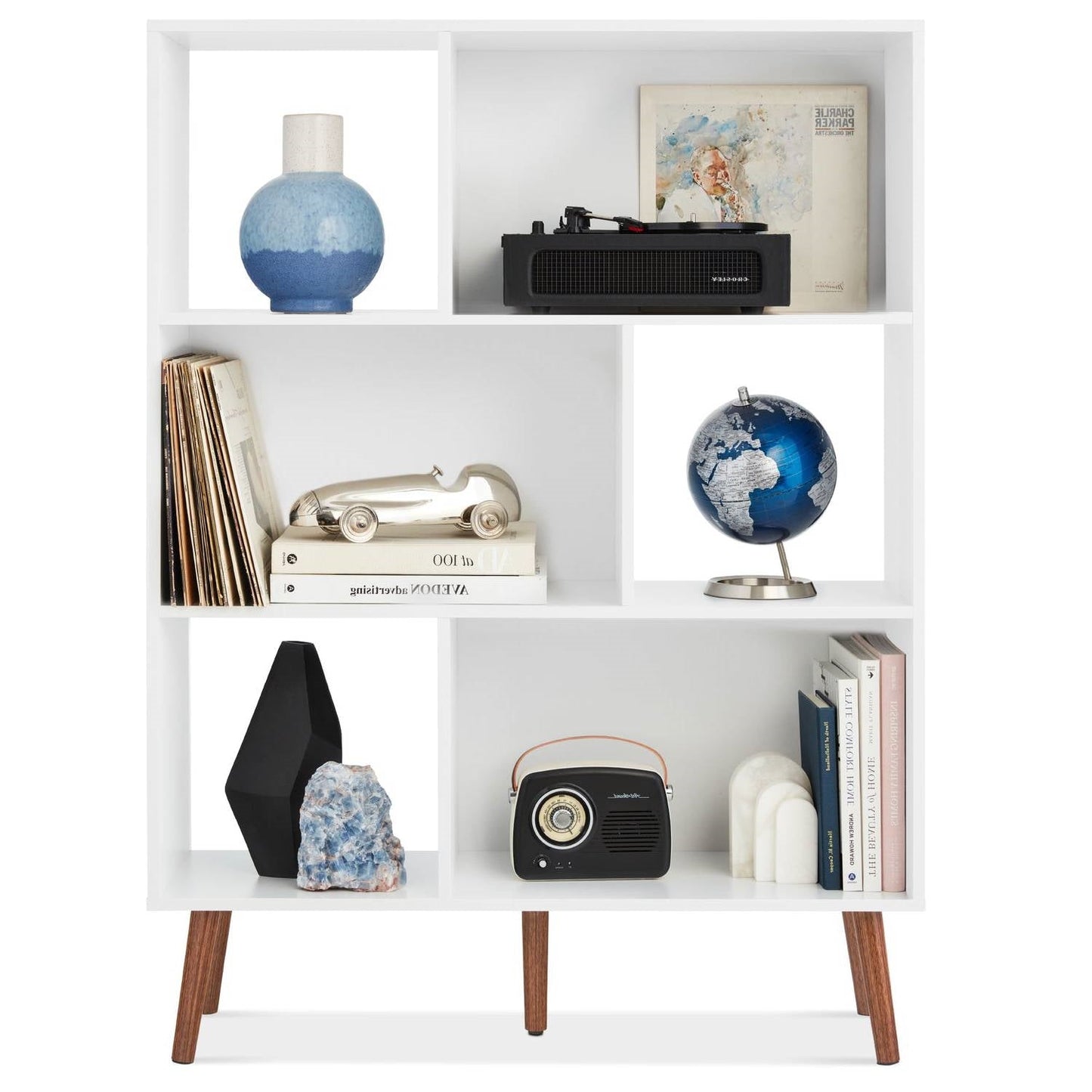 Mid Century Modern Style Bookcase Storage Shelving Unit in White Wood Finish - - Living Room > Bookcases