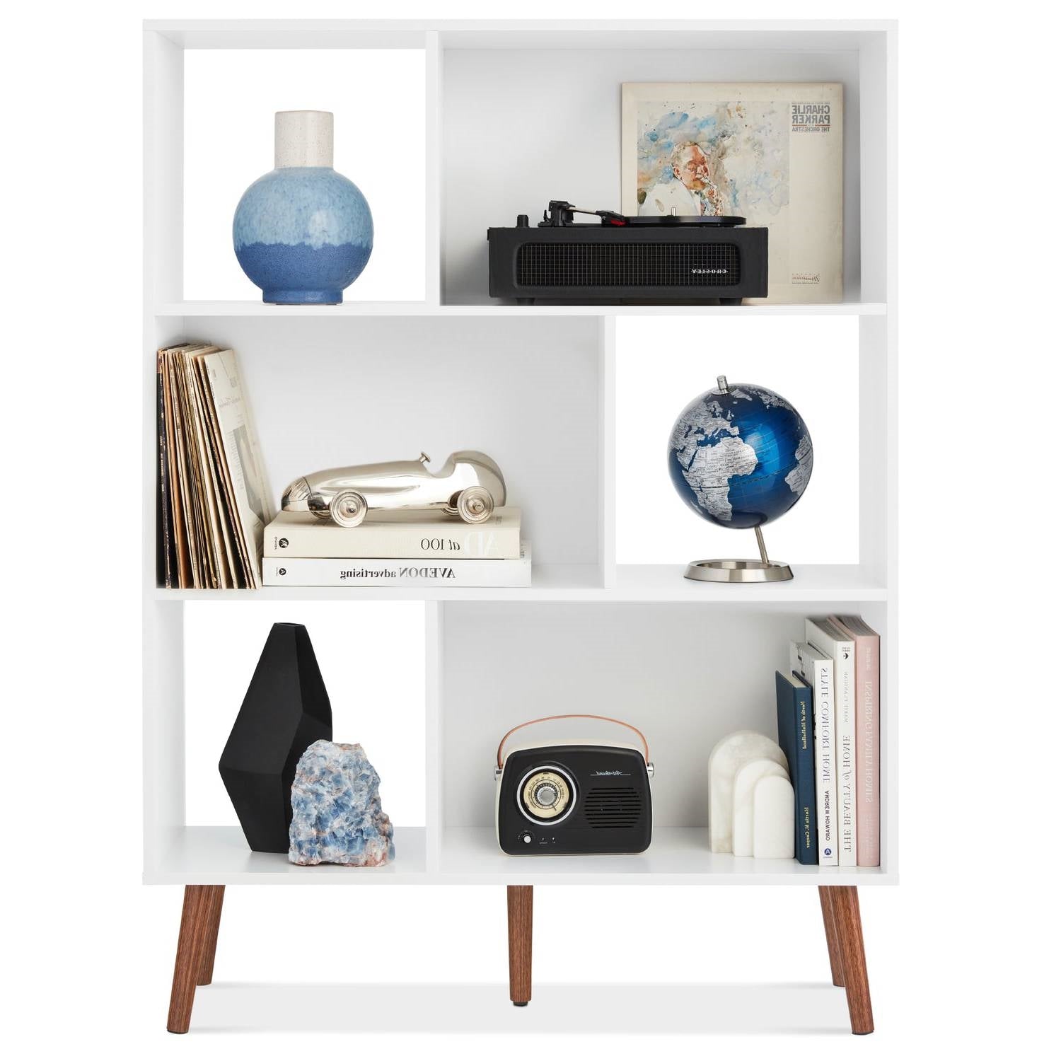 Mid Century Modern Style Bookcase Storage Shelving Unit in White Wood Finish - - Living Room > Bookcases