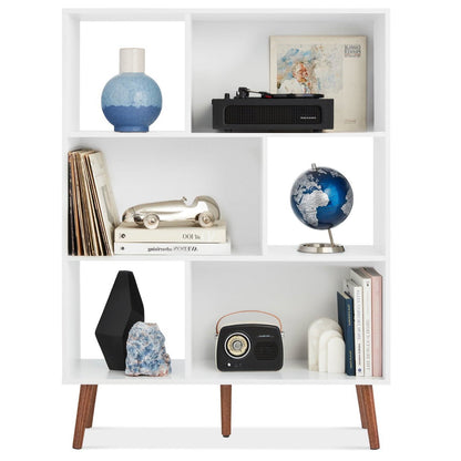 Mid Century Modern Style Bookcase Storage Shelving Unit in White Wood Finish - - Living Room > Bookcases