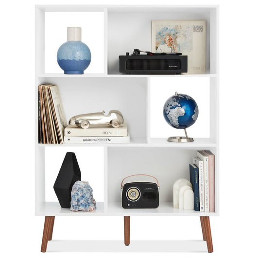 Mid Century Modern Style Bookcase Storage Shelving Unit in White Wood Finish - - Living Room > Bookcases