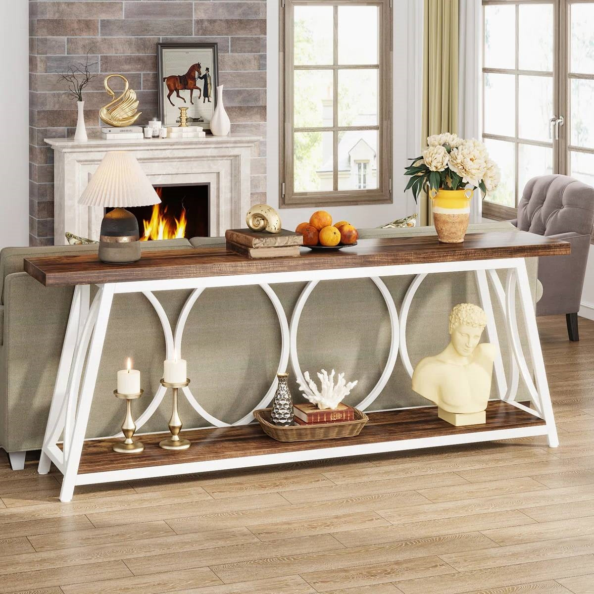 Industrial 70-inch Brown Wood Top Sofa Table with Heavy Duty White Metal Frame - - Living Room > Console & Sofa Tables