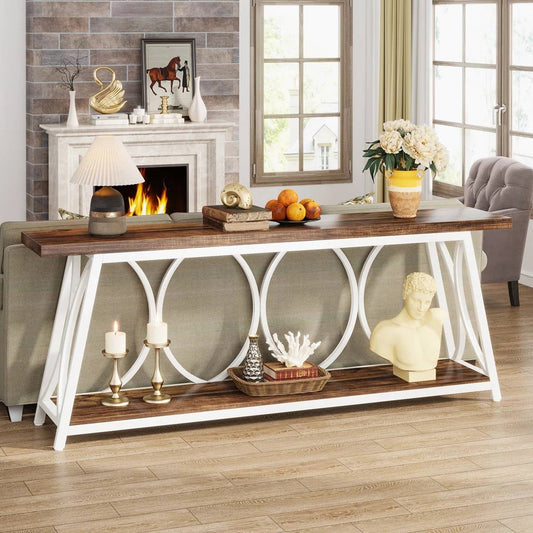 Industrial 70-inch Brown Wood Top Sofa Table with Heavy Duty White Metal Frame - - Living Room > Console & Sofa Tables