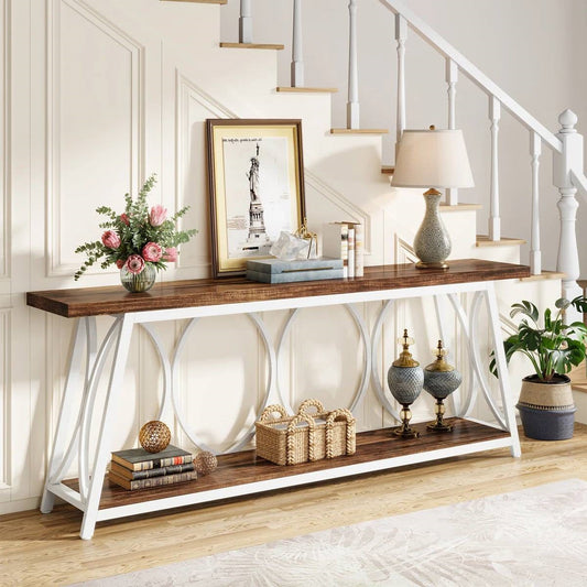 Industrial 70-inch Brown Wood Top Sofa Table with Heavy Duty White Metal Frame - - Living Room > Console & Sofa Tables
