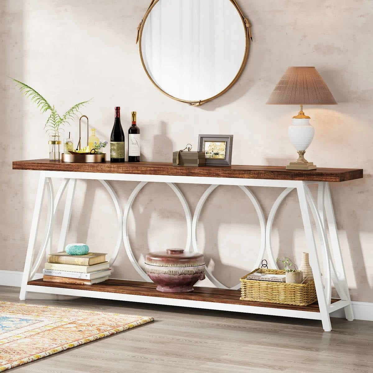 Industrial 70-inch Brown Wood Top Sofa Table with Heavy Duty White Metal Frame - - Living Room > Console & Sofa Tables