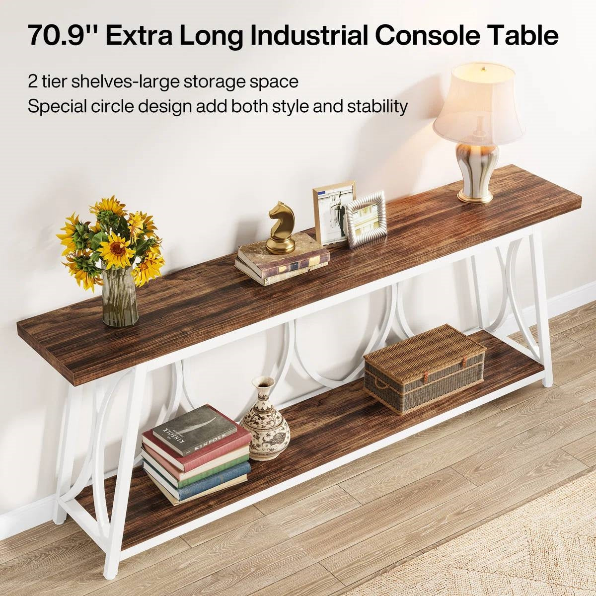Industrial 70-inch Brown Wood Top Sofa Table with Heavy Duty White Metal Frame - - Living Room > Console & Sofa Tables