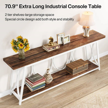 Industrial 70-inch Brown Wood Top Sofa Table with Heavy Duty White Metal Frame - - Living Room > Console & Sofa Tables
