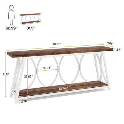 Industrial 70-inch Brown Wood Top Sofa Table with Heavy Duty White Metal Frame - - Living Room > Console & Sofa Tables