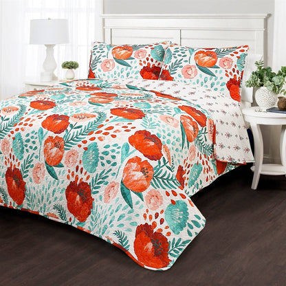 Full/Queen Red Poppy Flower White Teal Lightweight 3 Piece Cotton Quilt Set - - Bedroom > Quilts & Blankets