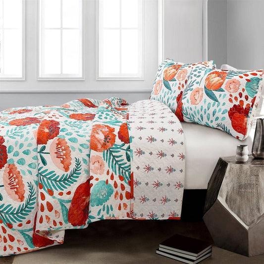 Full/Queen Red Poppy Flower White Teal Lightweight 3 Piece Cotton Quilt Set - - Bedroom > Quilts & Blankets