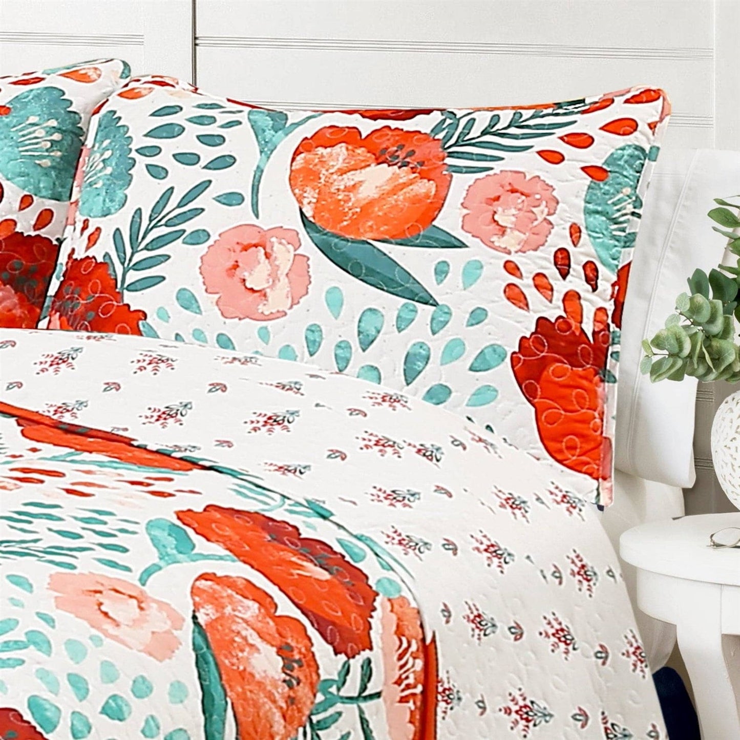 Full/Queen Red Poppy Flower White Teal Lightweight 3 Piece Cotton Quilt Set - - Bedroom > Quilts & Blankets