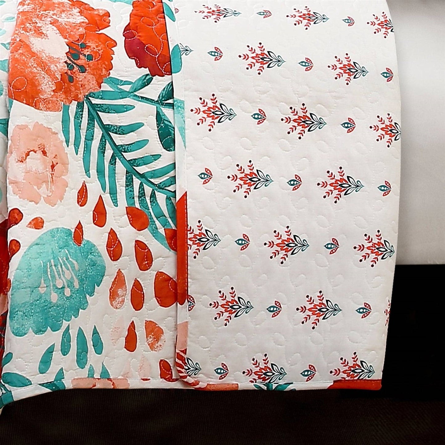Full/Queen Red Poppy Flower White Teal Lightweight 3 Piece Cotton Quilt Set - - Bedroom > Quilts & Blankets
