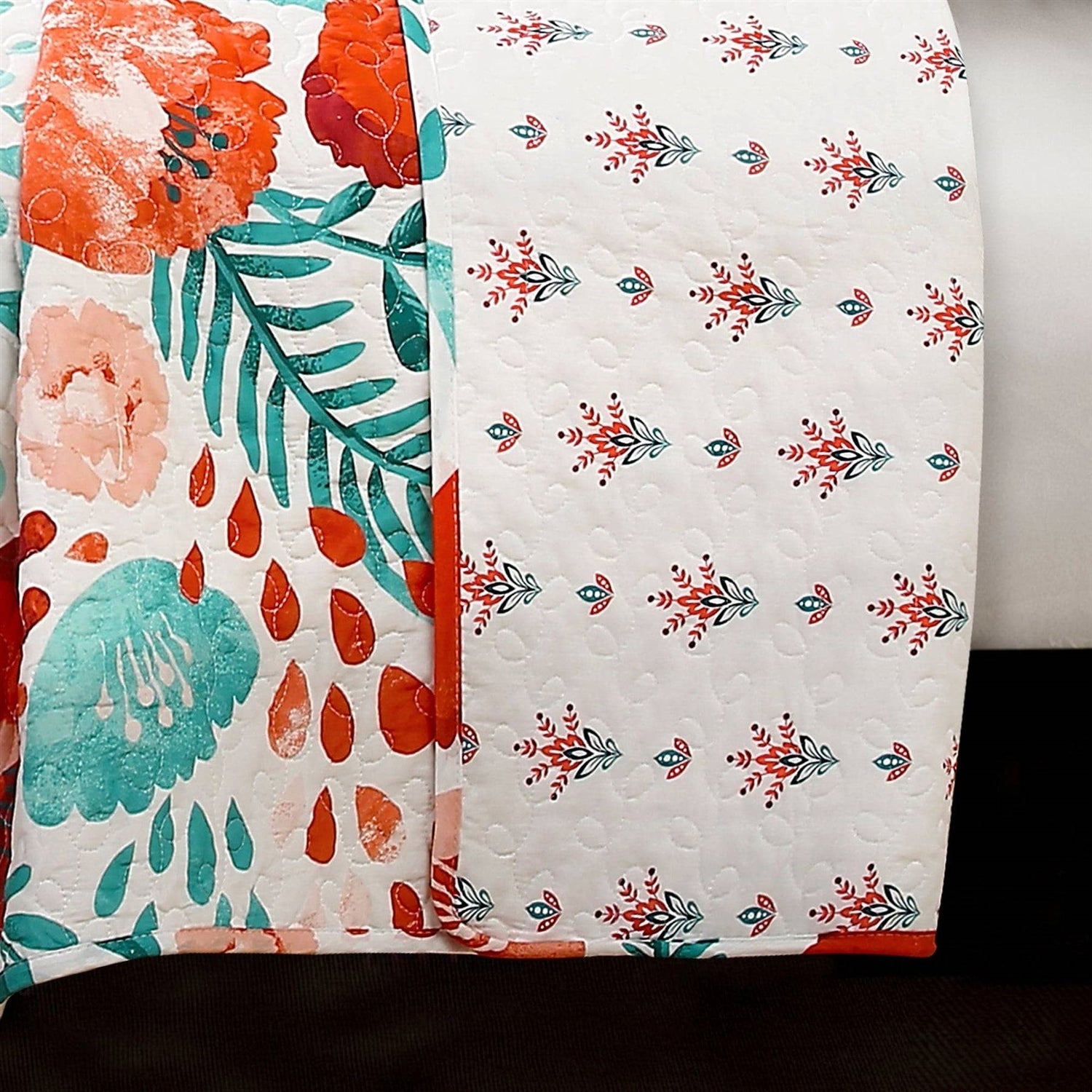 Full/Queen Red Poppy Flower White Teal Lightweight 3 Piece Cotton Quilt Set - - Bedroom > Quilts & Blankets