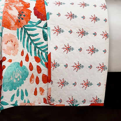 Full/Queen Red Poppy Flower White Teal Lightweight 3 Piece Cotton Quilt Set - - Bedroom > Quilts & Blankets