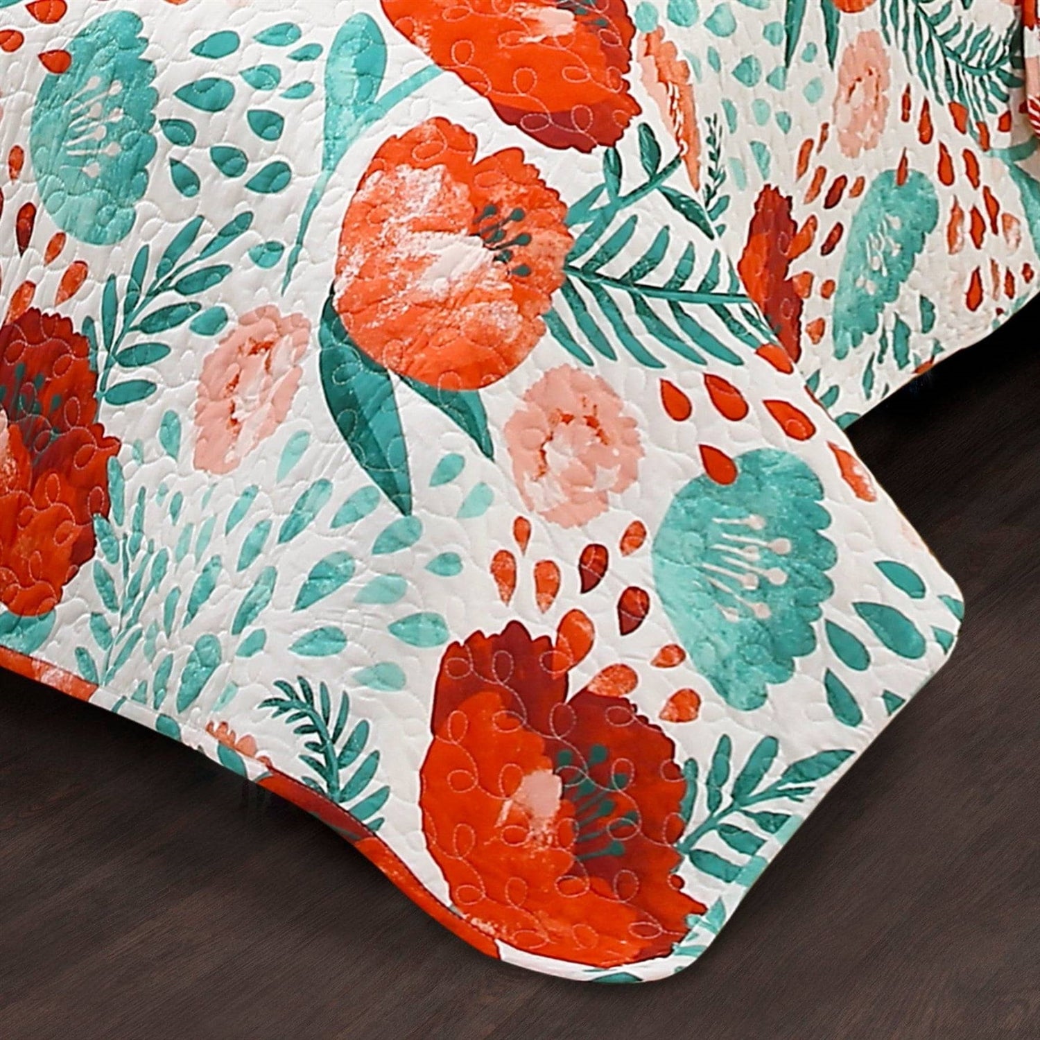 Full/Queen Red Poppy Flower White Teal Lightweight 3 Piece Cotton Quilt Set - - Bedroom > Quilts & Blankets