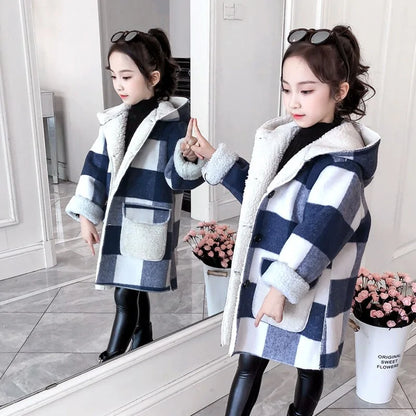 Girls Plaid Thick Lamb Woolen Coat