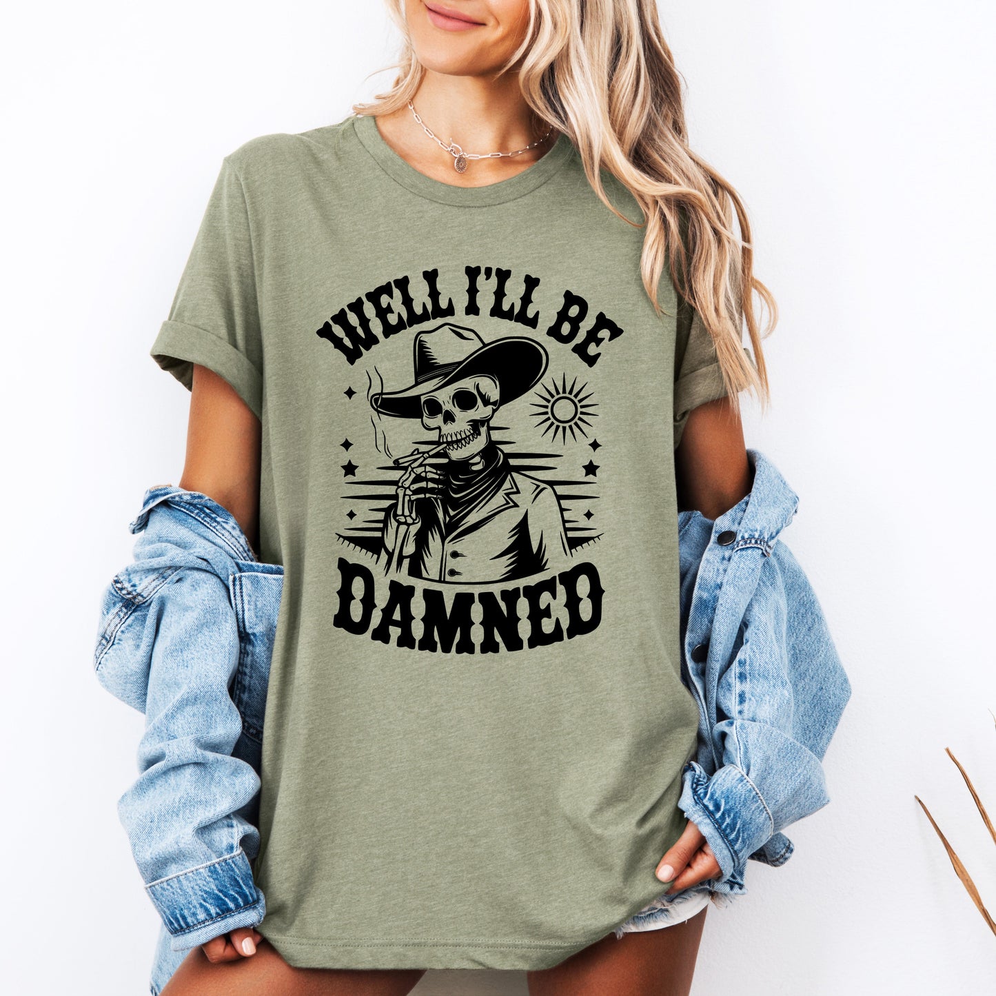 Well I'll Be Damned Skeleton Halloween Humor Well Crafted Spooky Quote Graphic Tee - Sage - T-Shirt