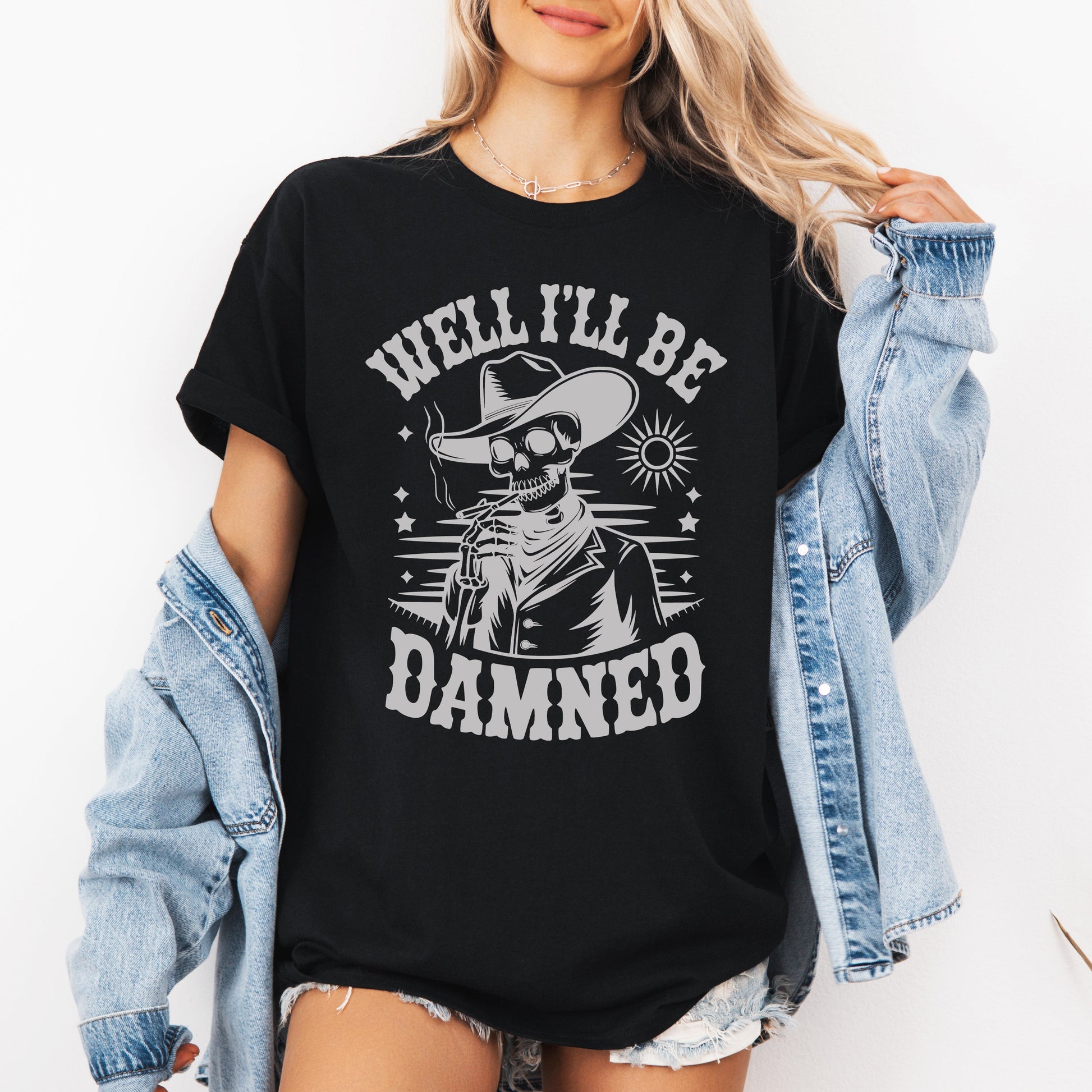 Well I'll Be Damned Skeleton Halloween Humor Well Crafted Spooky Quote Graphic Tee - Black - T-Shirt