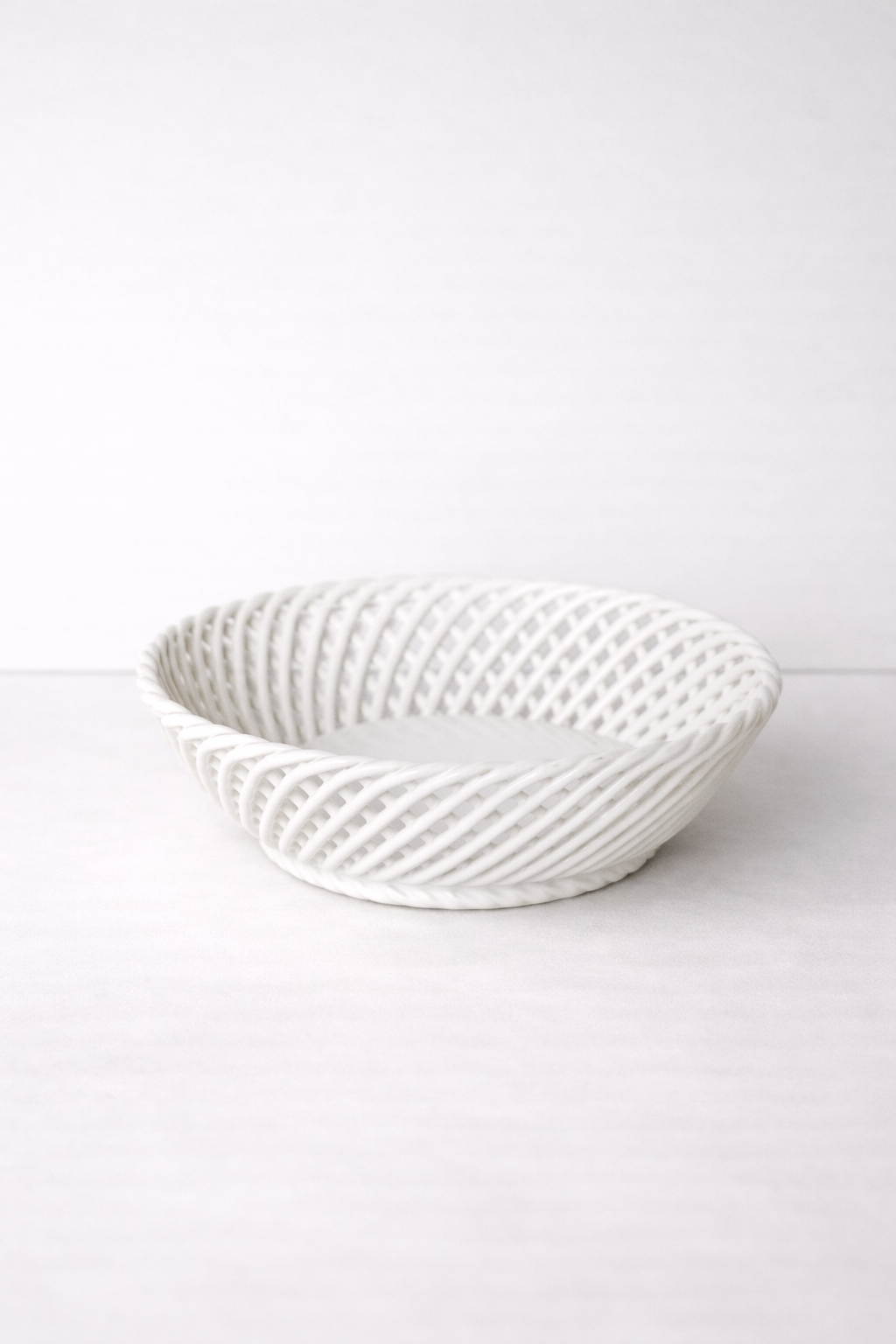 Ceramic Round Hand-Woven Basket – White, Beige & Pink Glazed Porcelain - - Bowl