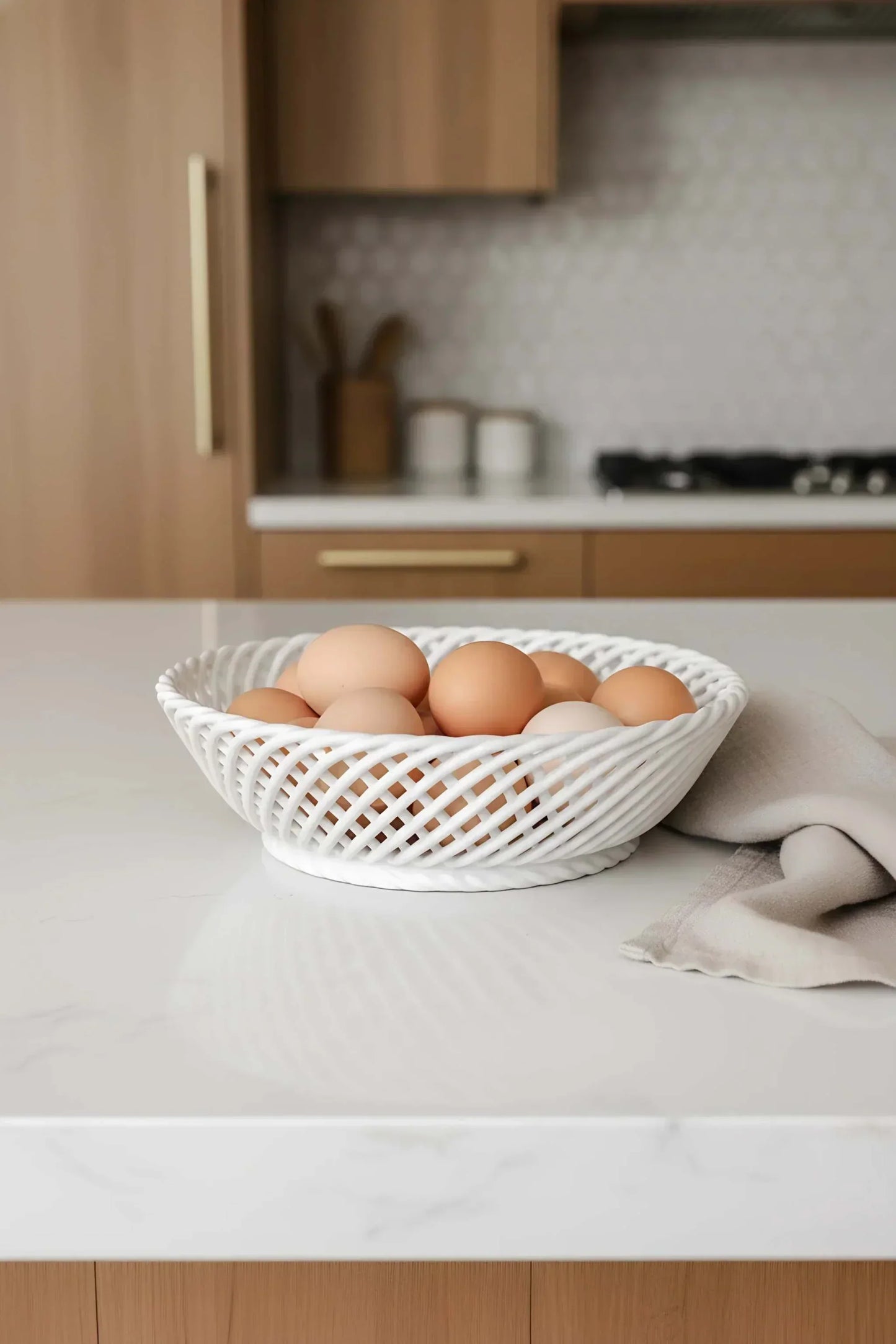 Ceramic Round Hand-Woven Basket – White, Beige & Pink Glazed Porcelain - - Bowl