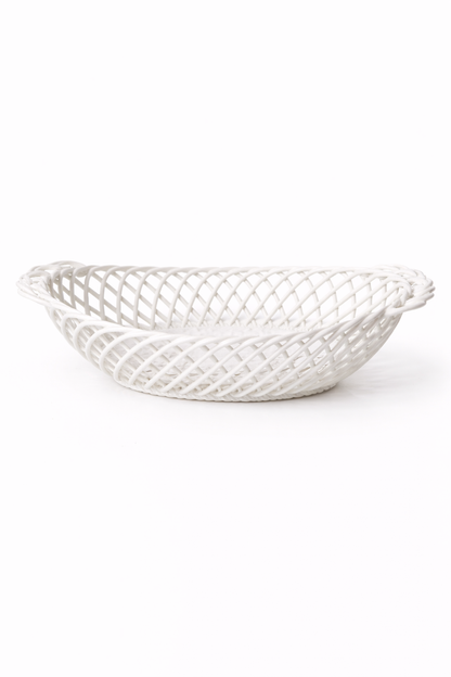 Ceramic Oval Basket – Hand-Woven Dish in White, Beige & Pink Glazed Porcelain - - Bowl