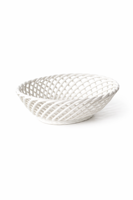Hand-Woven Ceramic Basket -Small Oval Porcelain Dish in White, Beige & Pink - White - Bowl