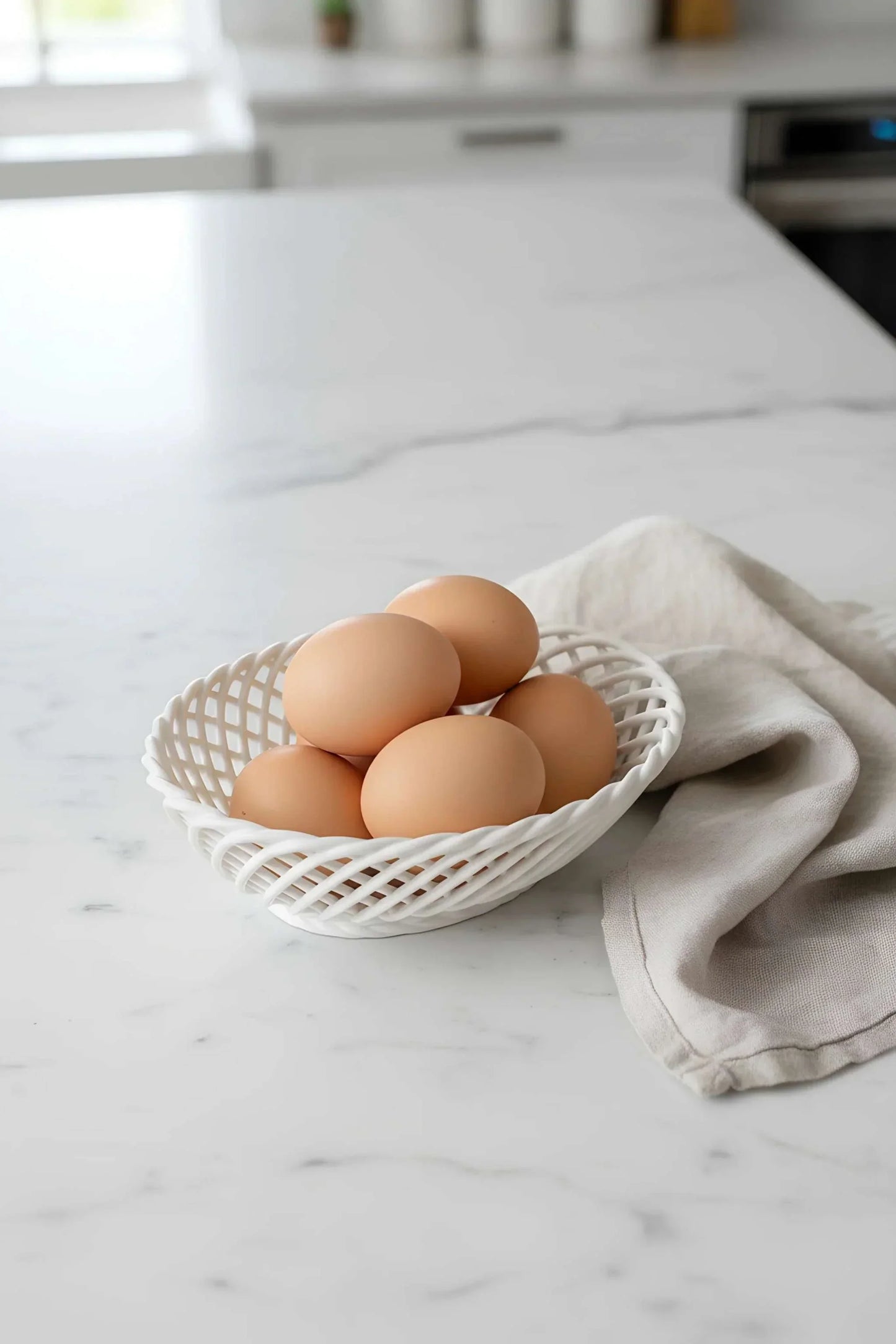 Hand-Woven Ceramic Basket -Small Oval Porcelain Dish in White, Beige & Pink - - Bowl