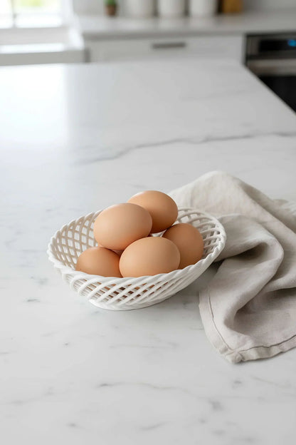 Hand-Woven Ceramic Basket -Small Oval Porcelain Dish in White, Beige & Pink - - Bowl
