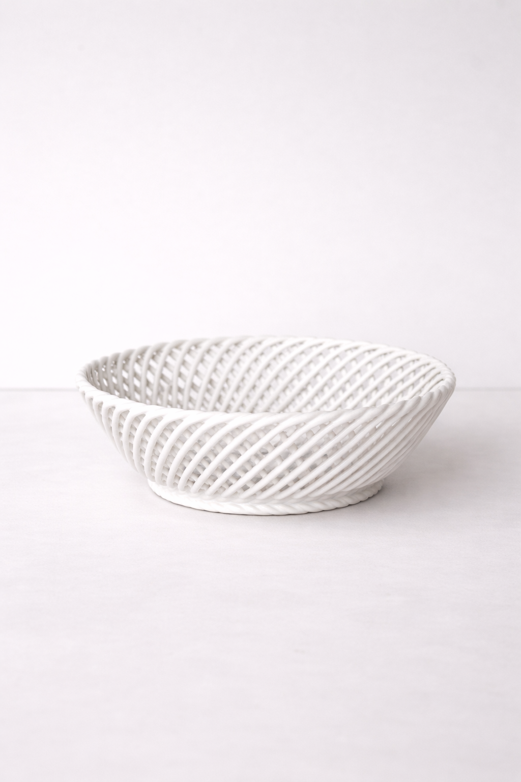 Ceramic Round Hand-Woven Basket – White, Beige & Pink Glazed Porcelain - White - Bowl