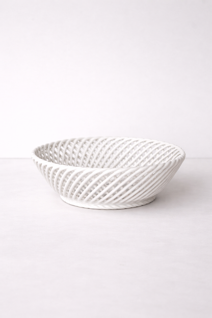 Ceramic Round Hand-Woven Basket – White, Beige & Pink Glazed Porcelain - White - Bowl