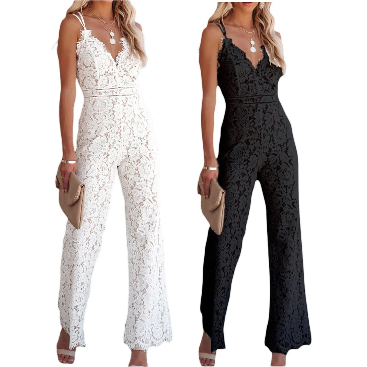 Women Elegant Jumpsuit Spaghetti Straps V Neck Solid Color Lace Open Back OnePiece Wide-leg Jumpsuits Long Playsuit - -