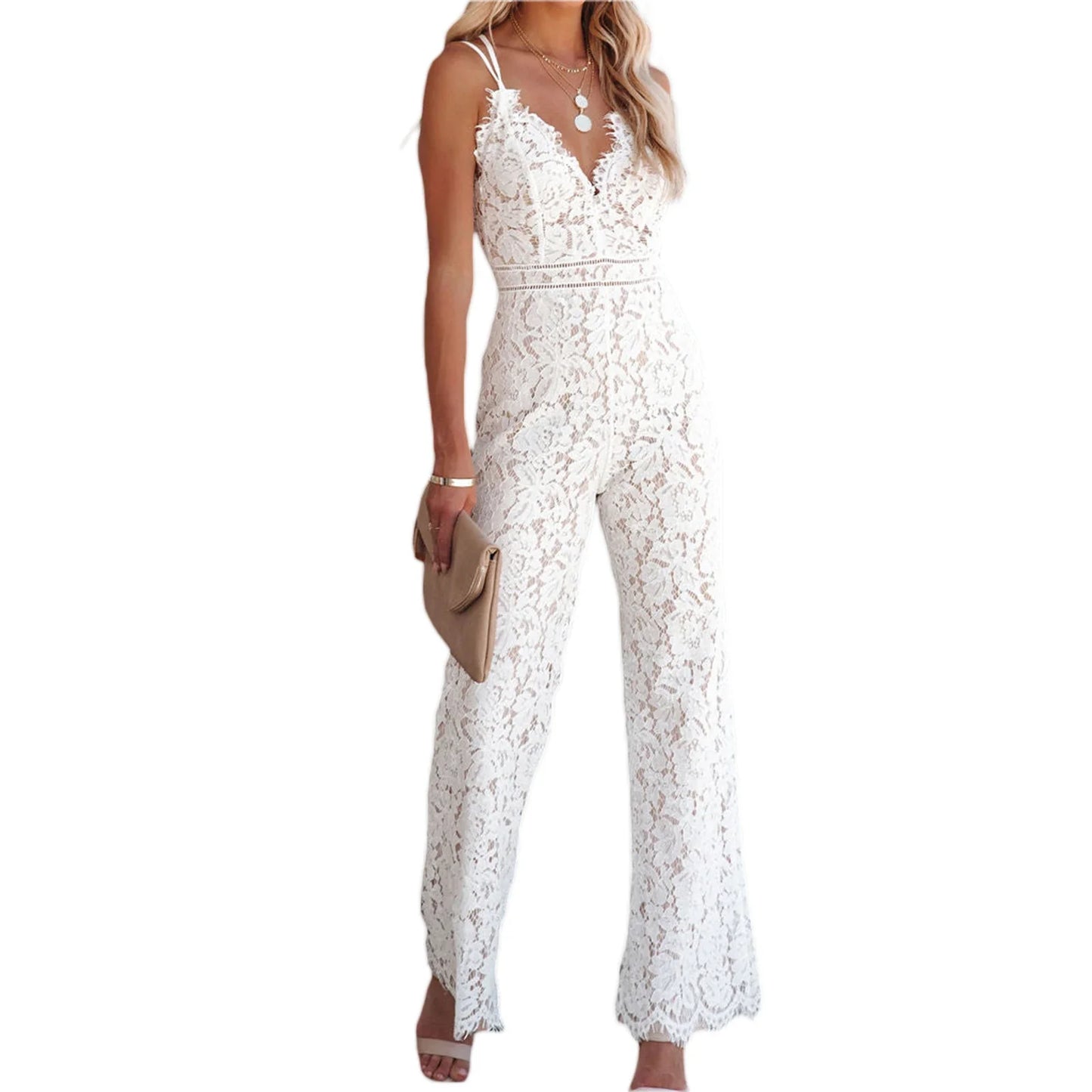 Women Elegant Jumpsuit Spaghetti Straps V Neck Solid Color Lace Open Back OnePiece Wide-leg Jumpsuits Long Playsuit - WHITE -