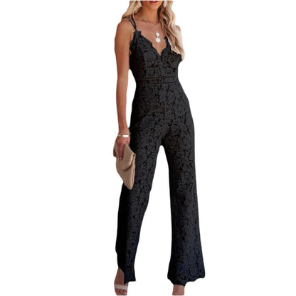 Women Elegant Jumpsuit Spaghetti Straps V Neck Solid Color Lace Open Back OnePiece Wide-leg Jumpsuits Long Playsuit - Black -