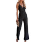 Women Elegant Jumpsuit Spaghetti Straps V Neck Solid Color Lace Open Back OnePiece Wide-leg Jumpsuits Long Playsuit - Black -