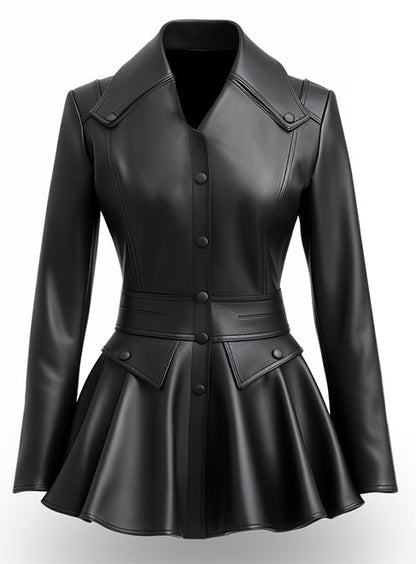 Women Black Peplum Leather Jacket - Black - Women