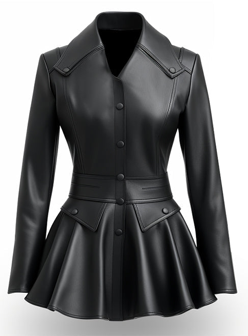 Women Black Peplum Leather Jacket - Black - Women