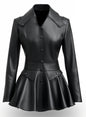 Women Black Peplum Leather Jacket - Black - Women