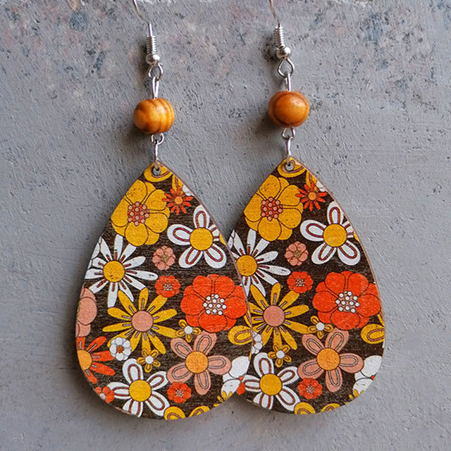 Fun Retro Flower Wood Floral Drop Earrings- Rooted Home Goods- {{Product type}}