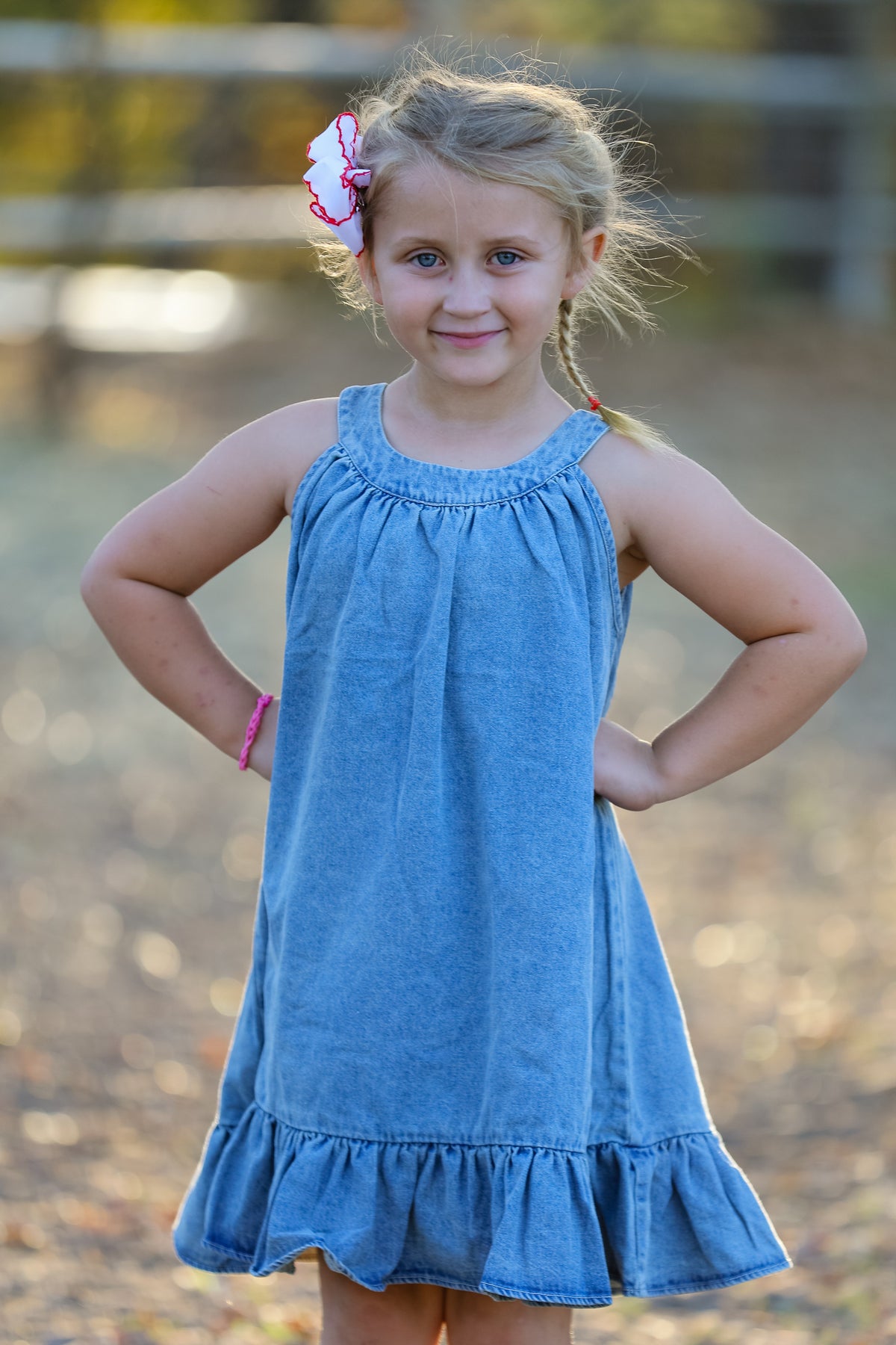 Girls Denim Ruffle Trim A-Line Dress - - Dress