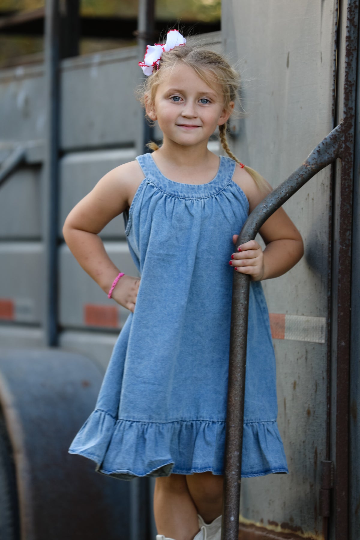 Girls Denim Ruffle Trim A-Line Dress - - Dress