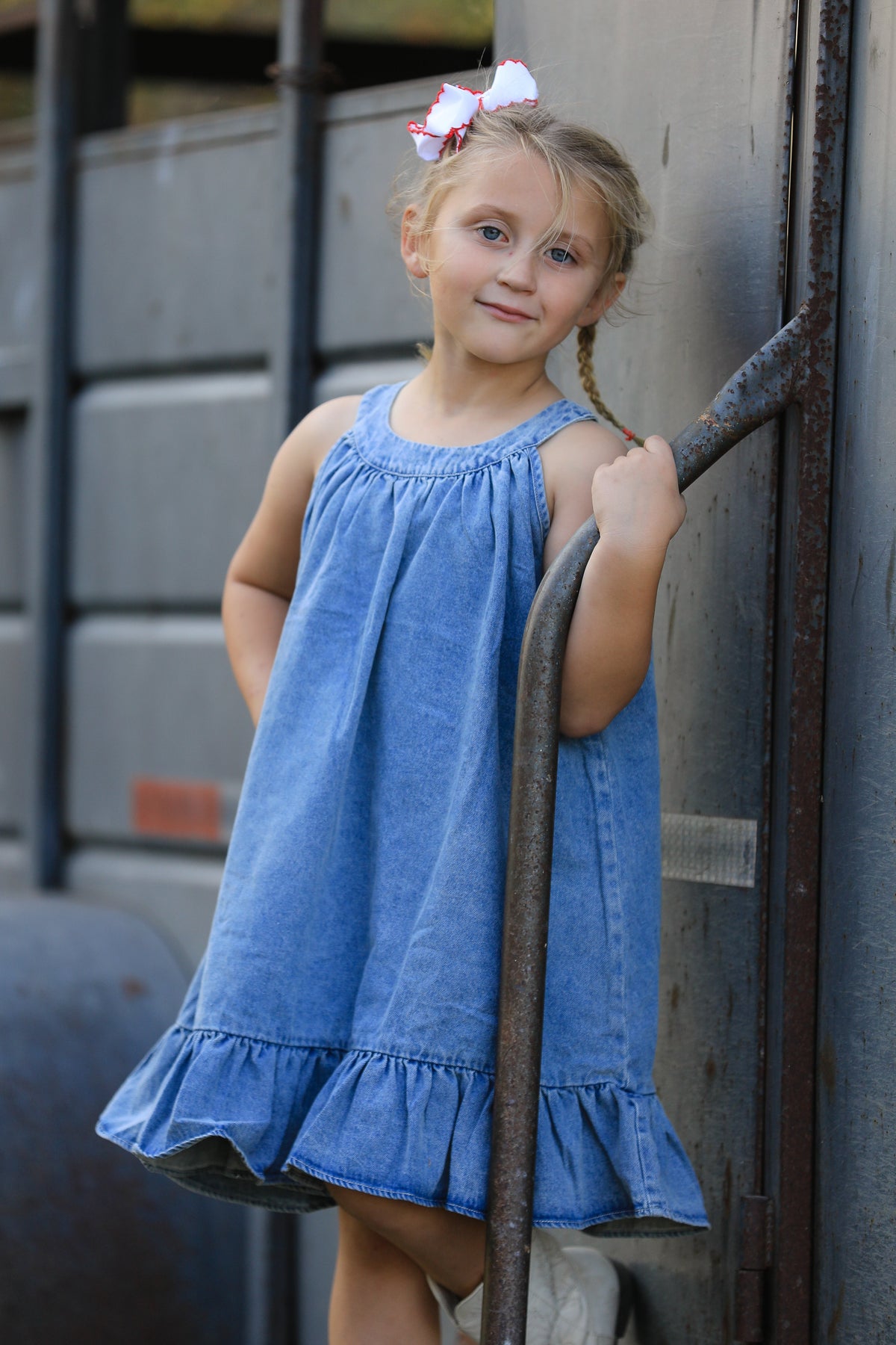 Girls Denim Ruffle Trim A-Line Dress - - Dress