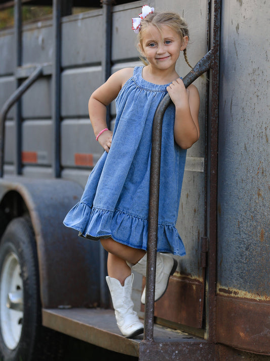Girls Denim Ruffle Trim A-Line Dress - - Dress