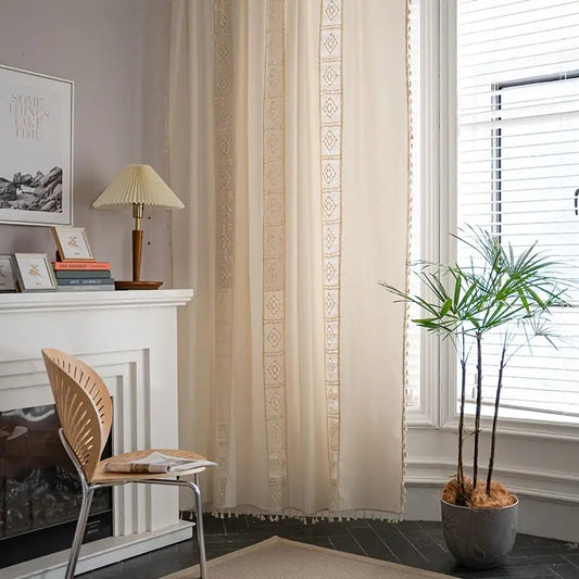 Linen Curtains with Crochet Tassel Panel - Kia Day Design