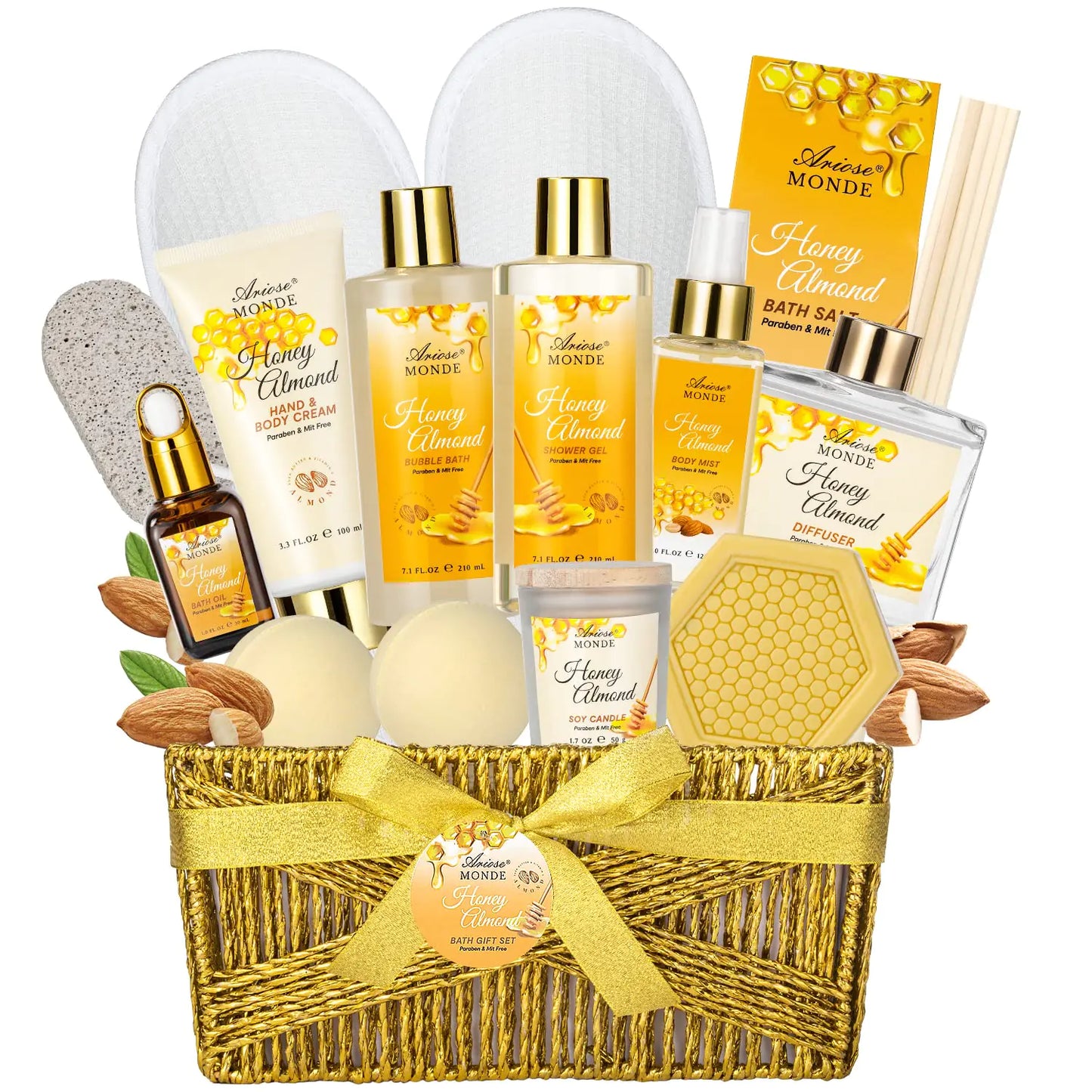 Bath & Body Gift Set Luxury Home Spa Bath Gift Basket Honey Almond Scented Bath Set Pamper Gifts for Women & Teens 15 Pcs Relaxing Home Spa Kit with Bubble Bath Bath Salts Body Lotion Kia Day Design
